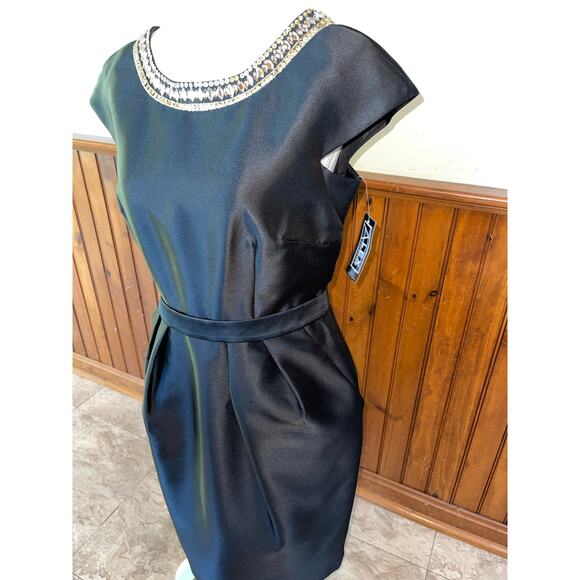 Alex Evenings Satin Black Midi Dress with Metallic Trim - Picture 2 of 12